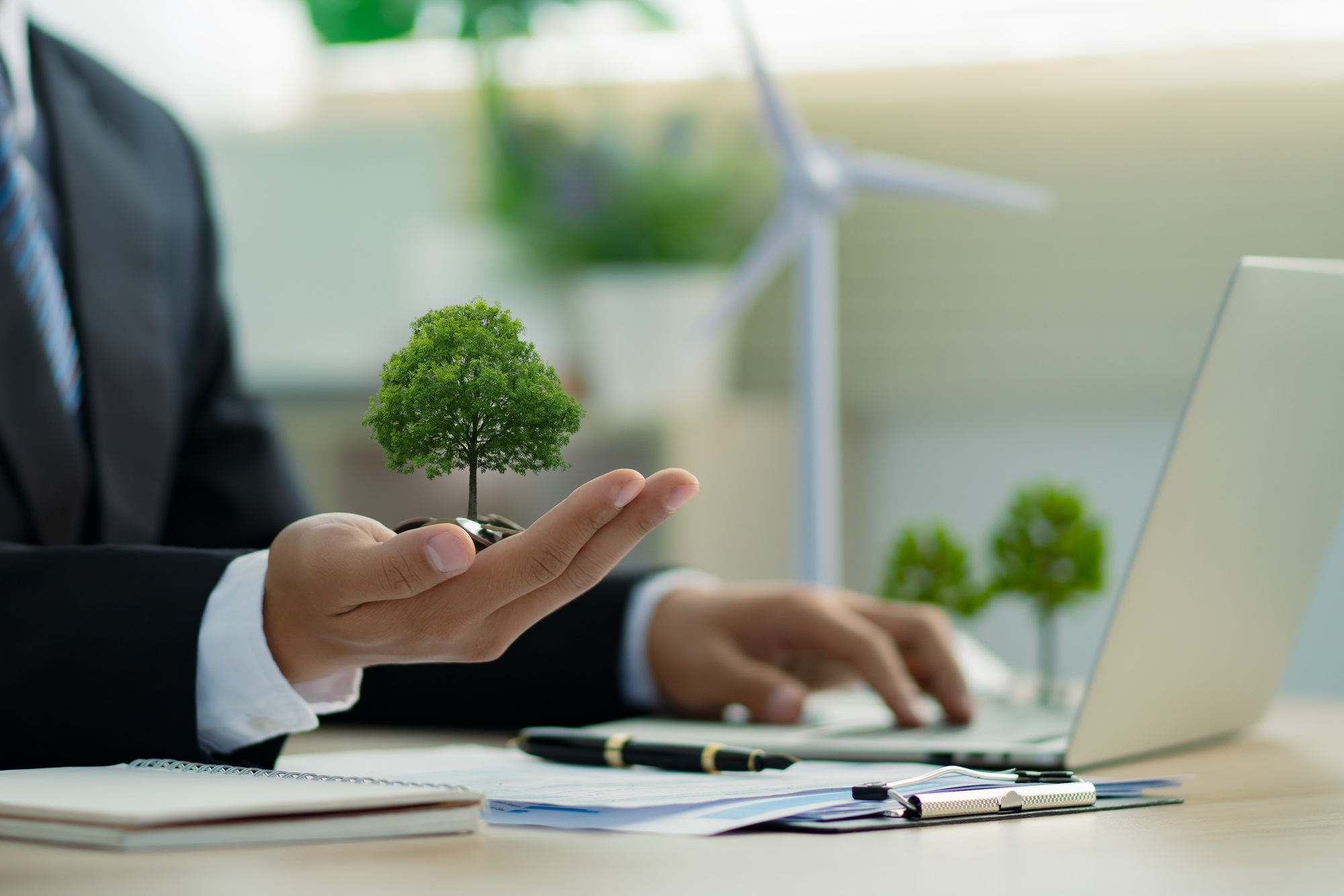 Businessman holding tree growing on money coin. Finance sustainable development. Investment Growth.